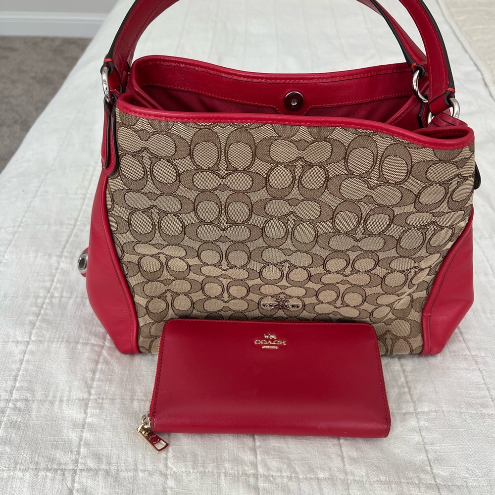 Coach Red Leather and Logo Bag and Wallet
